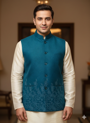 TEAL BLUE KOTI WITH SILK CREEM KURTA PAJAMA