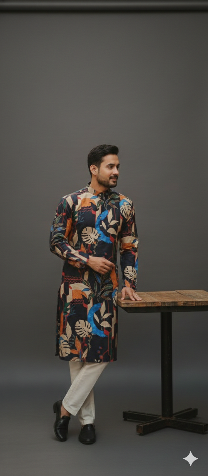A DEEP NEVI BLUE PRINTED KURTA