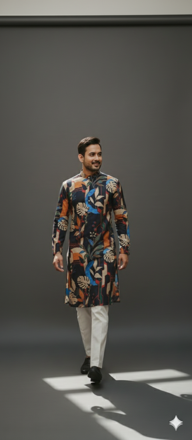 A DEEP NEVI BLUE PRINTED KURTA