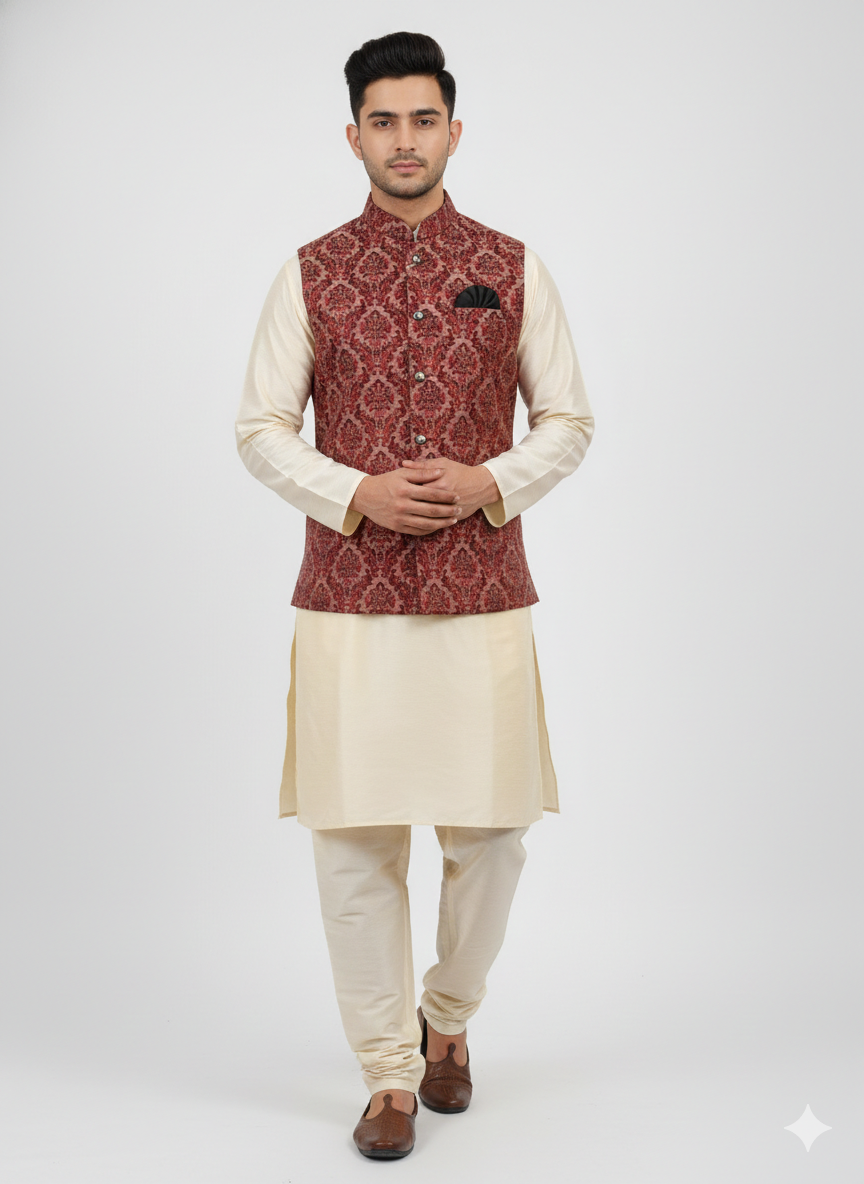 MROON JACQUARD JACKET WITH KURTA PAJAMA