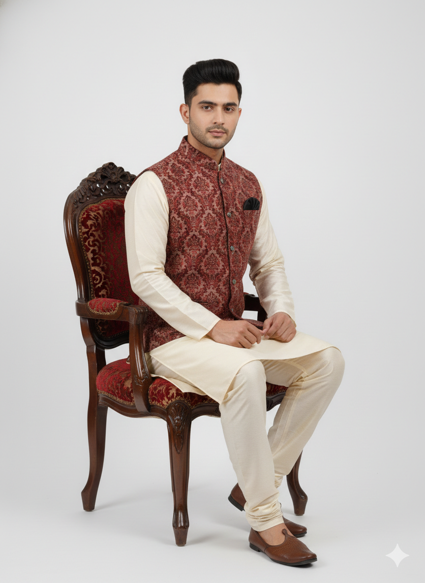 MROON JACQUARD JACKET WITH KURTA PAJAMA