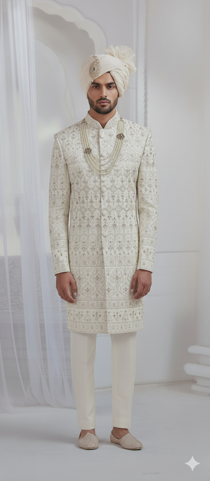 CLAASI CREEM SHERWANI WITH DUPATTA AUR SAFA