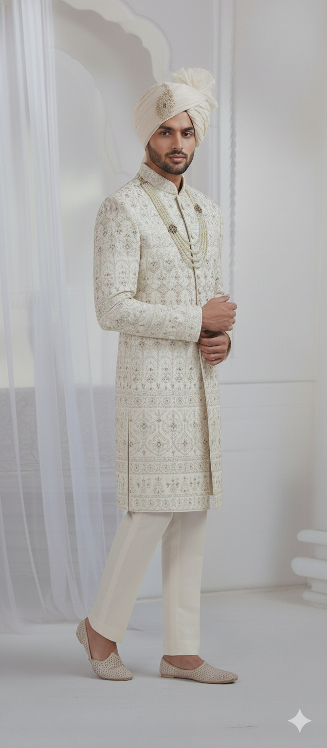 CLAASI CREEM SHERWANI WITH DUPATTA AUR SAFA