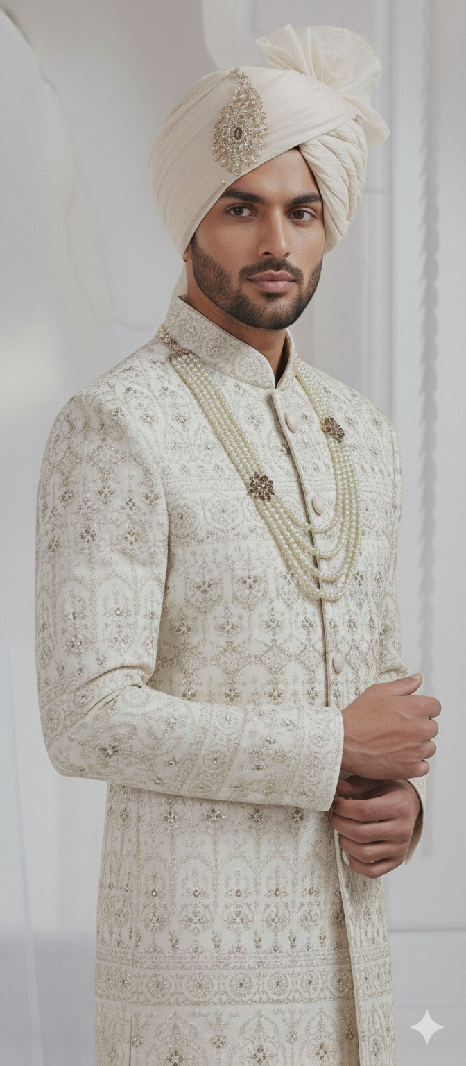 CLAASI CREEM SHERWANI WITH DUPATTA AUR SAFA