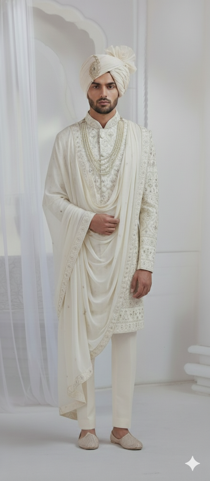 CLAASI CREEM SHERWANI WITH DUPATTA AUR SAFA