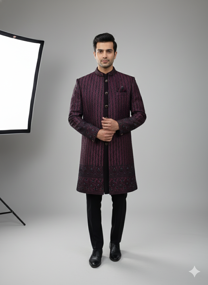 DEEP WINE 3 PCS  INDO WESTERN WITH KOTI JACKET