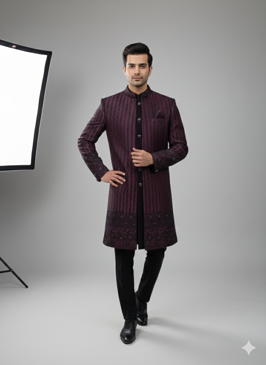 DEEP WINE 3 PCS  INDO WESTERN WITH KOTI JACKET