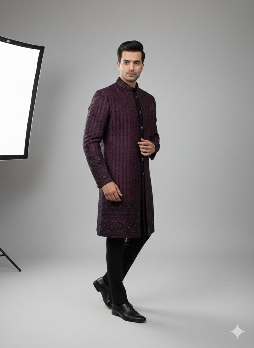 DEEP WINE 3 PCS  INDO WESTERN WITH KOTI JACKET