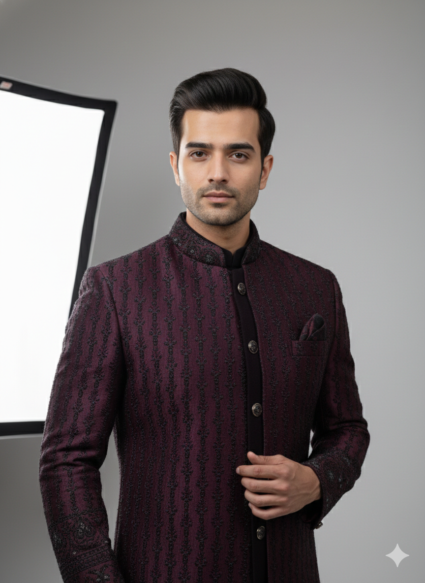 DEEP WINE 3 PCS  INDO WESTERN WITH KOTI JACKET