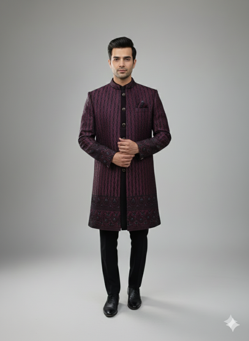 DEEP WINE 3 PCS  INDO WESTERN WITH KOTI JACKET