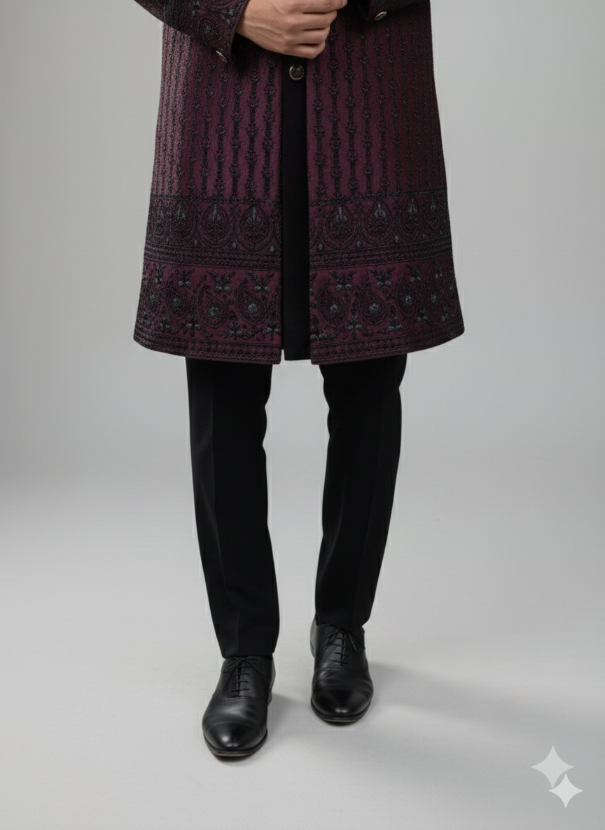 DEEP WINE 3 PCS  INDO WESTERN WITH KOTI JACKET