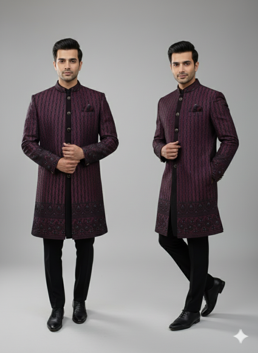 DEEP WINE 3 PCS  INDO WESTERN WITH KOTI JACKET