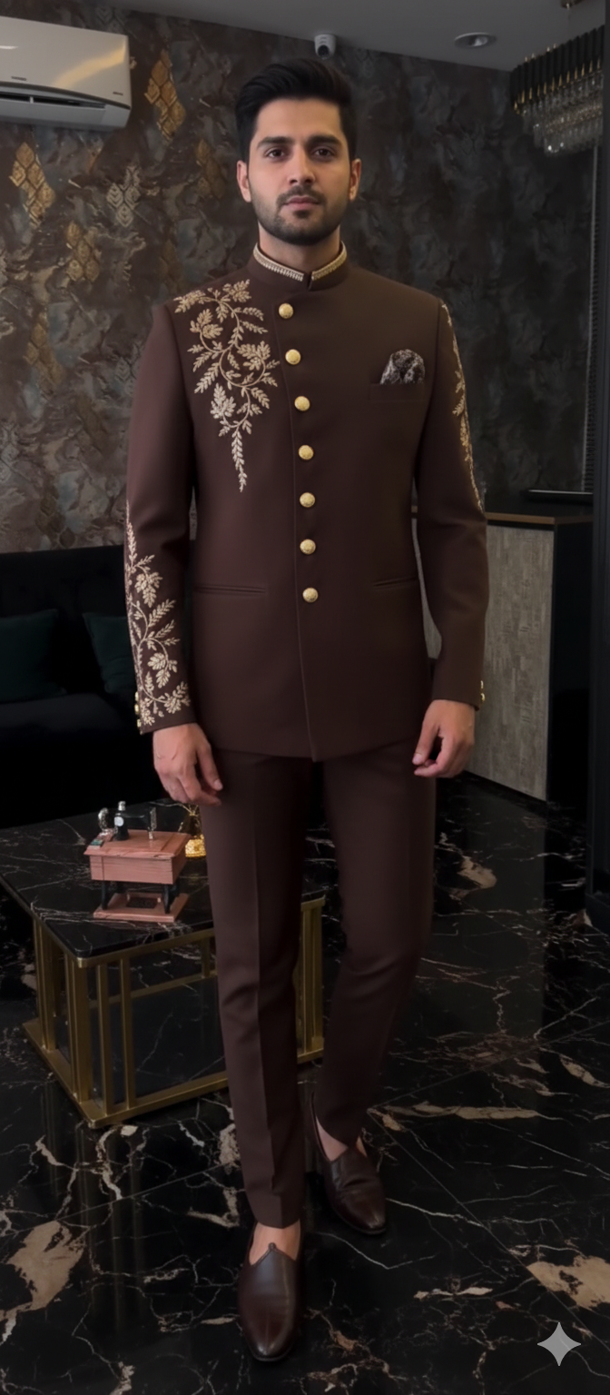 A DEEP CHOCOLATE BROWN JODHPURI WITH CREEM ZARDOSI WORK