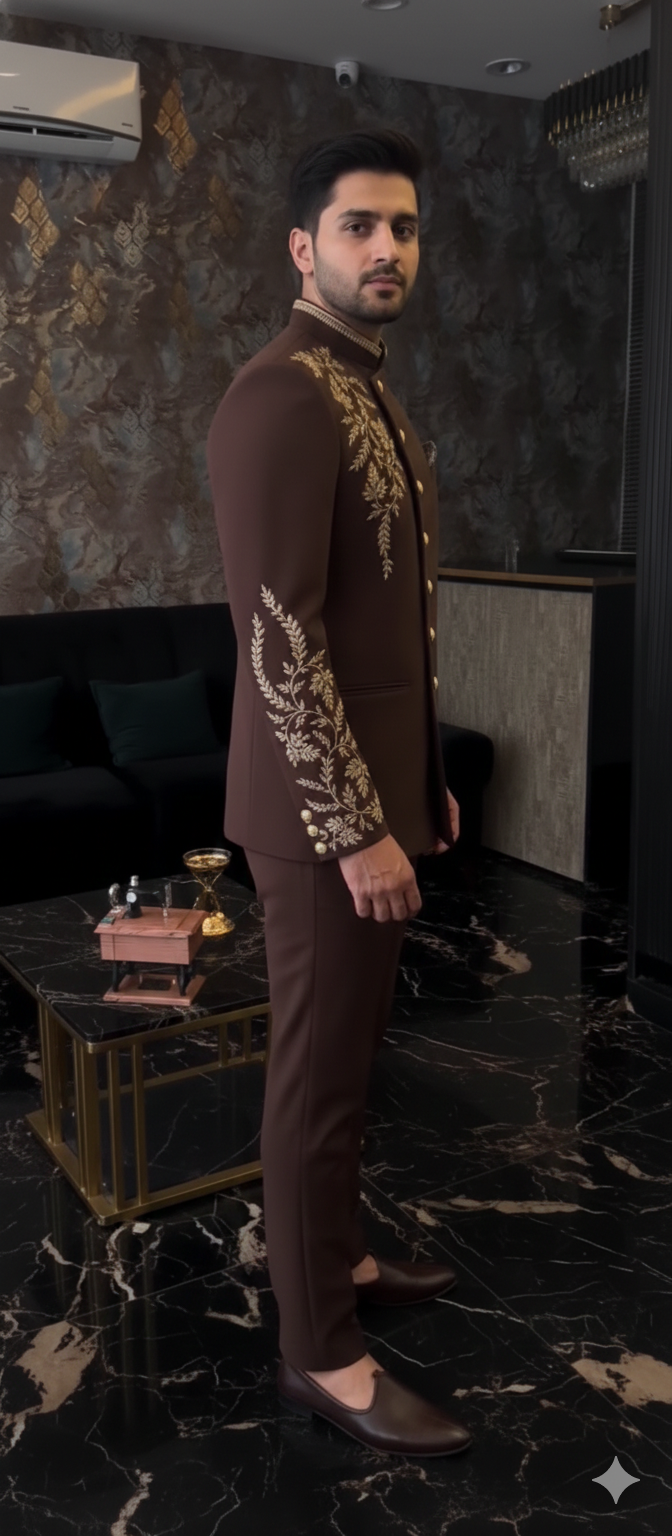 A DEEP CHOCOLATE BROWN JODHPURI WITH CREEM ZARDOSI WORK