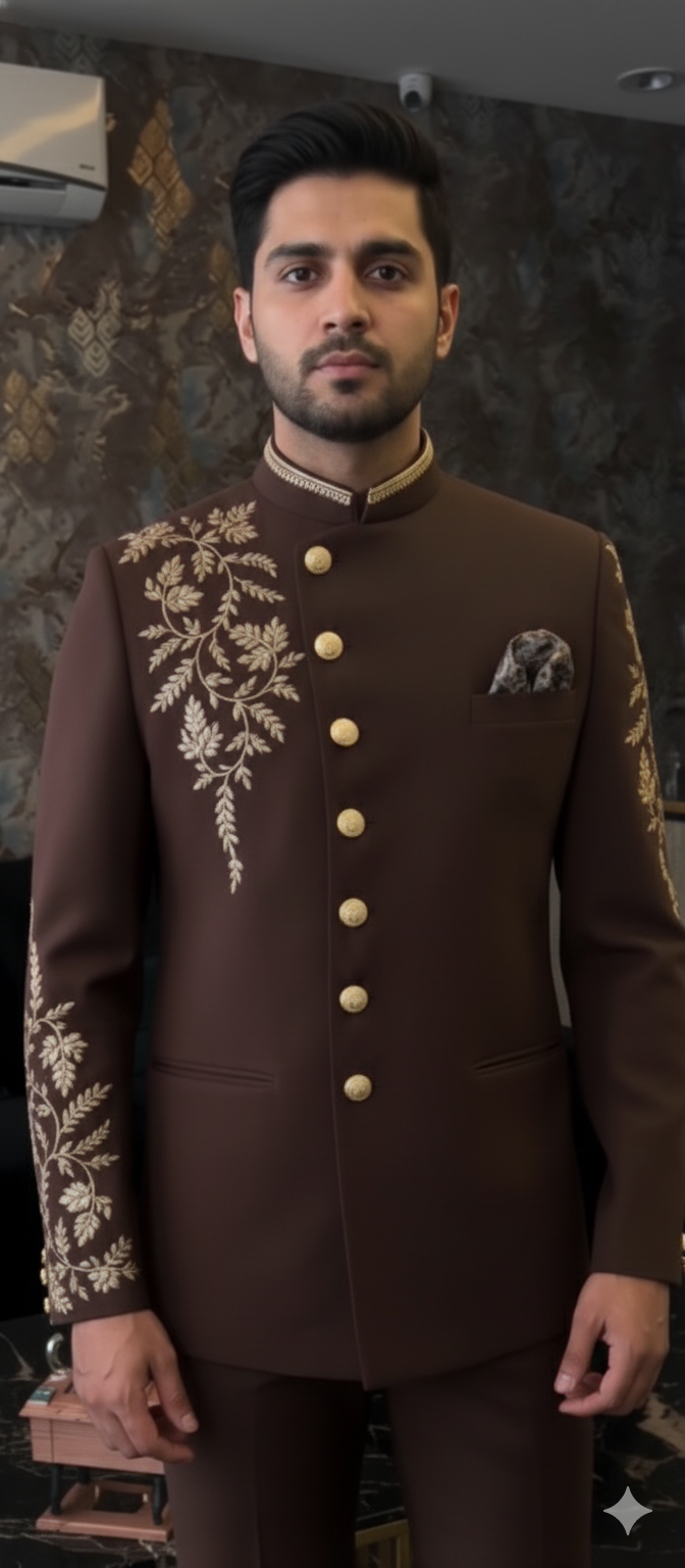 A DEEP CHOCOLATE BROWN JODHPURI WITH CREEM ZARDOSI WORK
