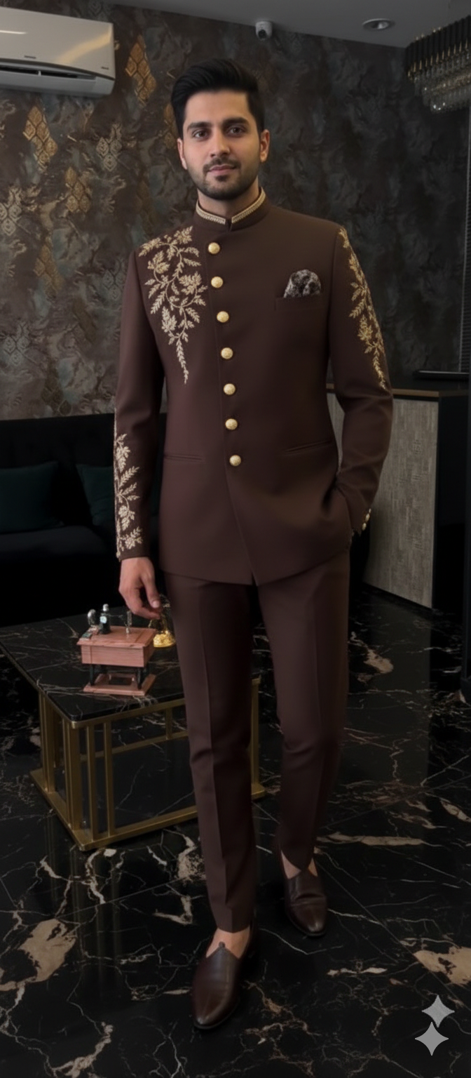 A DEEP CHOCOLATE BROWN JODHPURI WITH CREEM ZARDOSI WORK