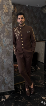 A DEEP CHOCOLATE BROWN JODHPURI WITH CREEM ZARDOSI WORK
