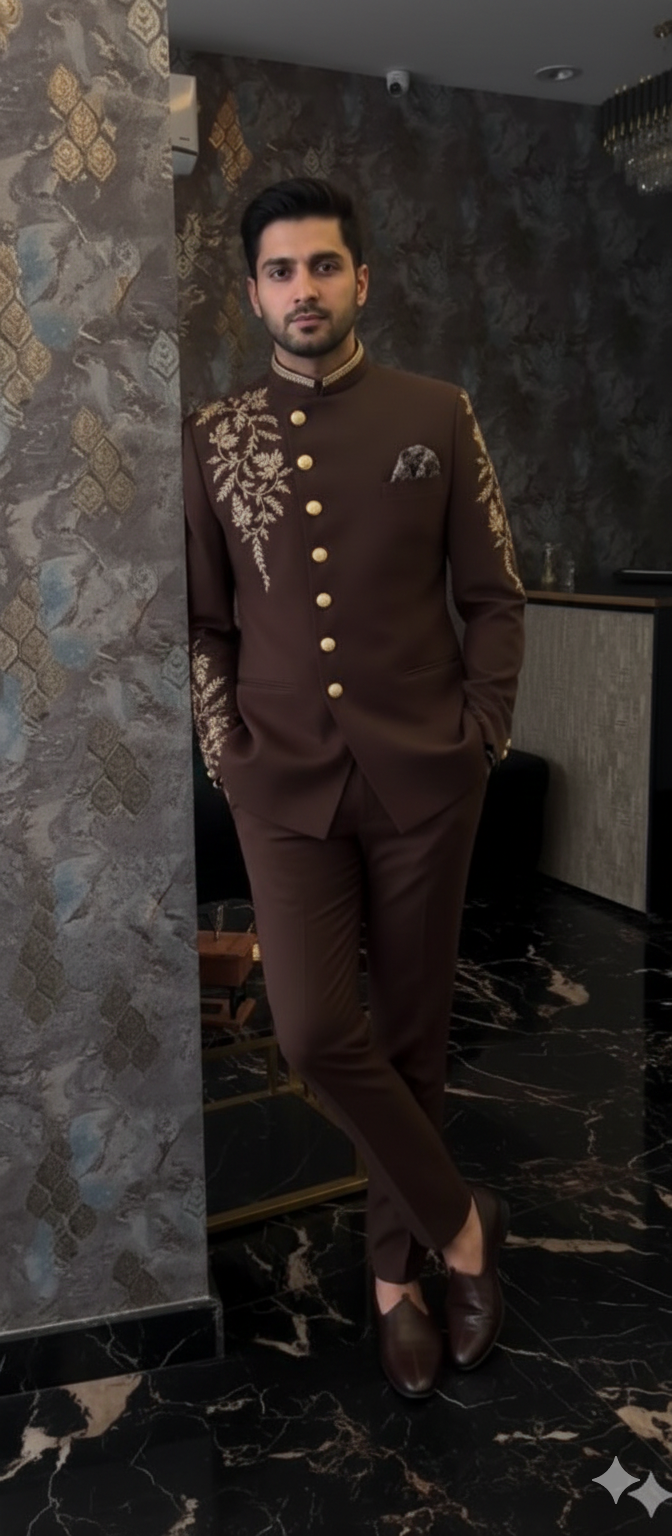 A DEEP CHOCOLATE BROWN JODHPURI WITH CREEM ZARDOSI WORK