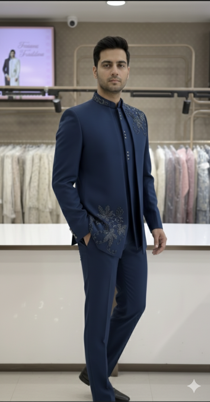A RICH BLUE OPEN JODHPURI AND JACKET WITH ZADOSI BEADWORK