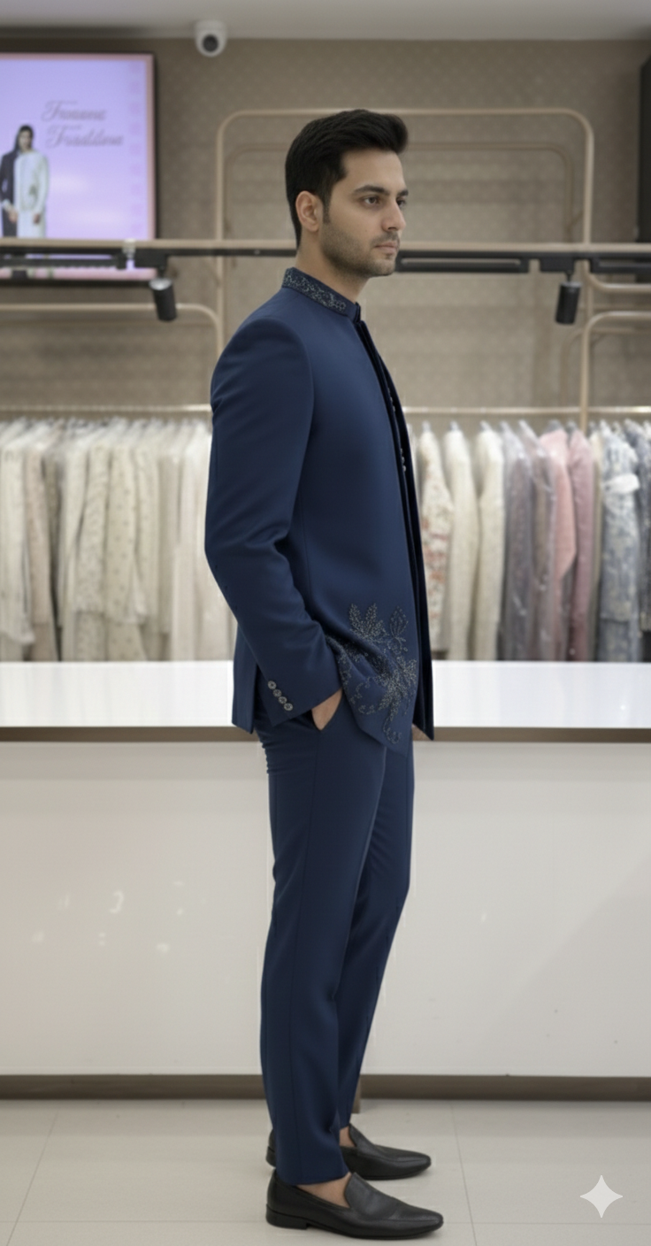 A RICH BLUE OPEN JODHPURI AND JACKET WITH ZADOSI BEADWORK