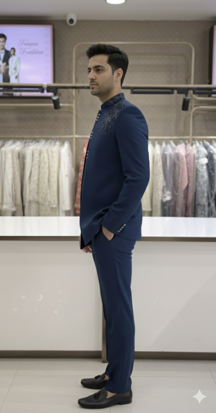 A RICH BLUE OPEN JODHPURI AND JACKET WITH ZADOSI BEADWORK