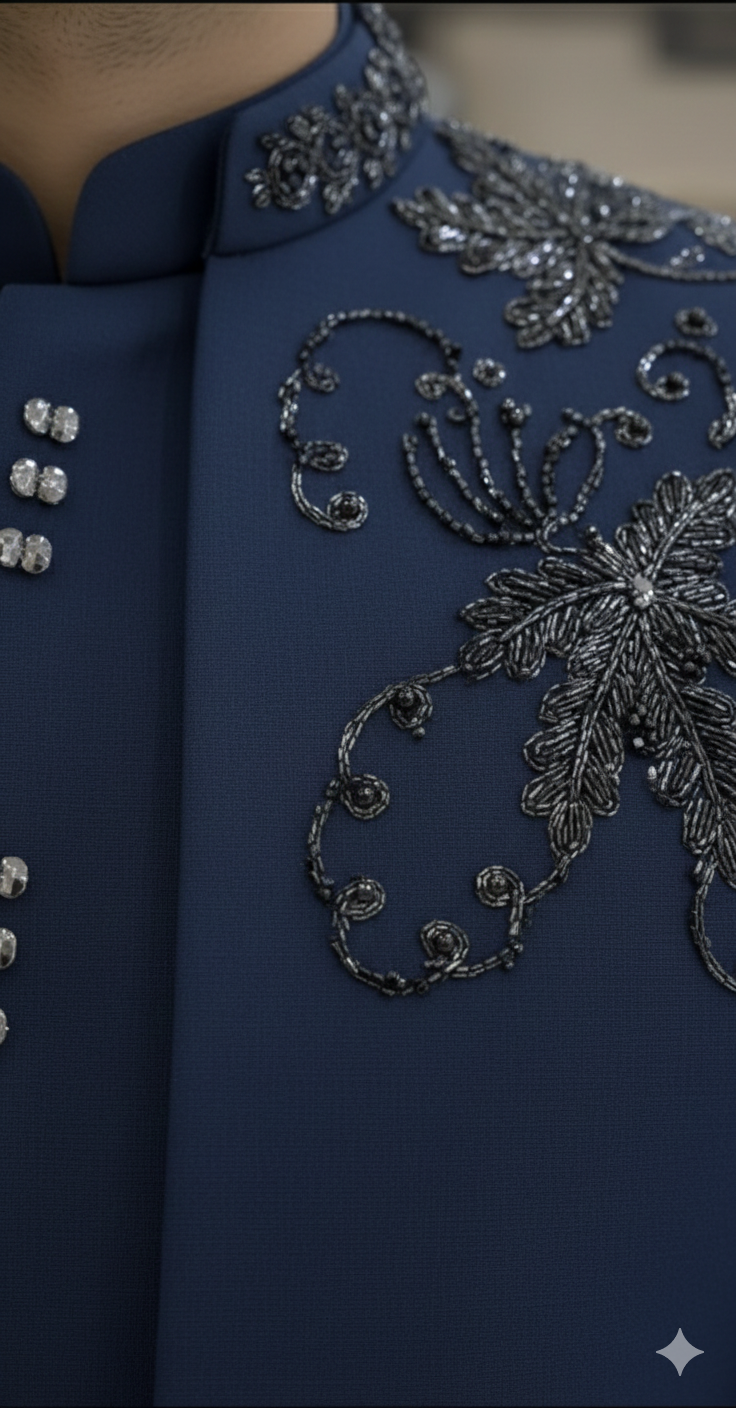 A RICH BLUE OPEN JODHPURI AND JACKET WITH ZADOSI BEADWORK