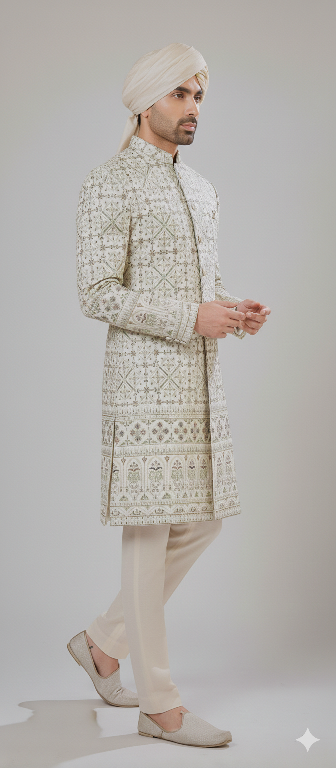Classic Cream Embroidered Sherwani Dress For GROOM