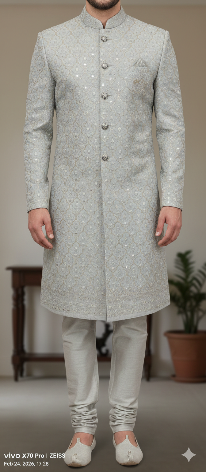 CLASSIC CREEM SHERWANI WITH LUCKNOWI CHIKANKARI IN MIRROR WORK