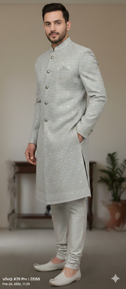 CLASSIC CREEM SHERWANI WITH LUCKNOWI CHIKANKARI IN MIRROR WORK