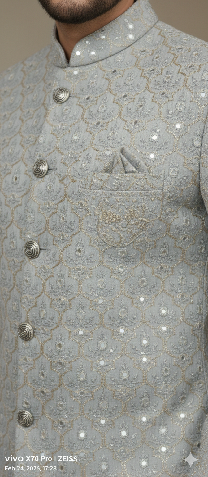 CLASSIC CREEM SHERWANI WITH LUCKNOWI CHIKANKARI IN MIRROR WORK