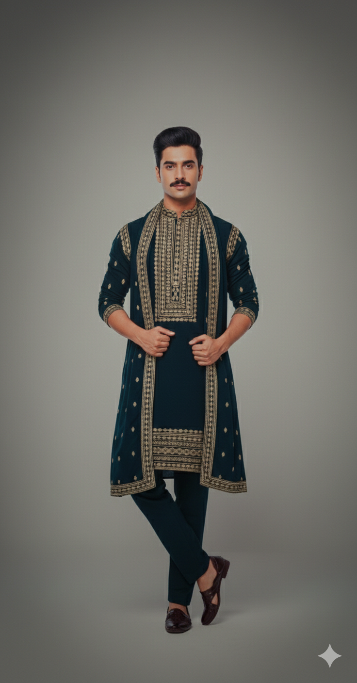 TEAL EMERALD GREEN DUPATTA STYLE KURTA WITH PAJAMA