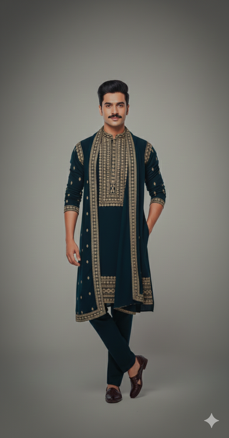 TEAL EMERALD GREEN DUPATTA STYLE KURTA WITH PAJAMA