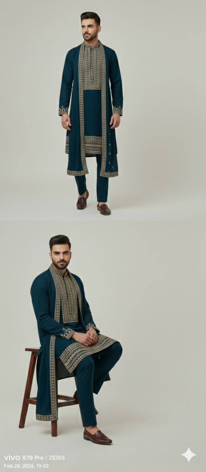 TEAL EMERALD GREEN DUPATTA STYLE KURTA WITH PAJAMA
