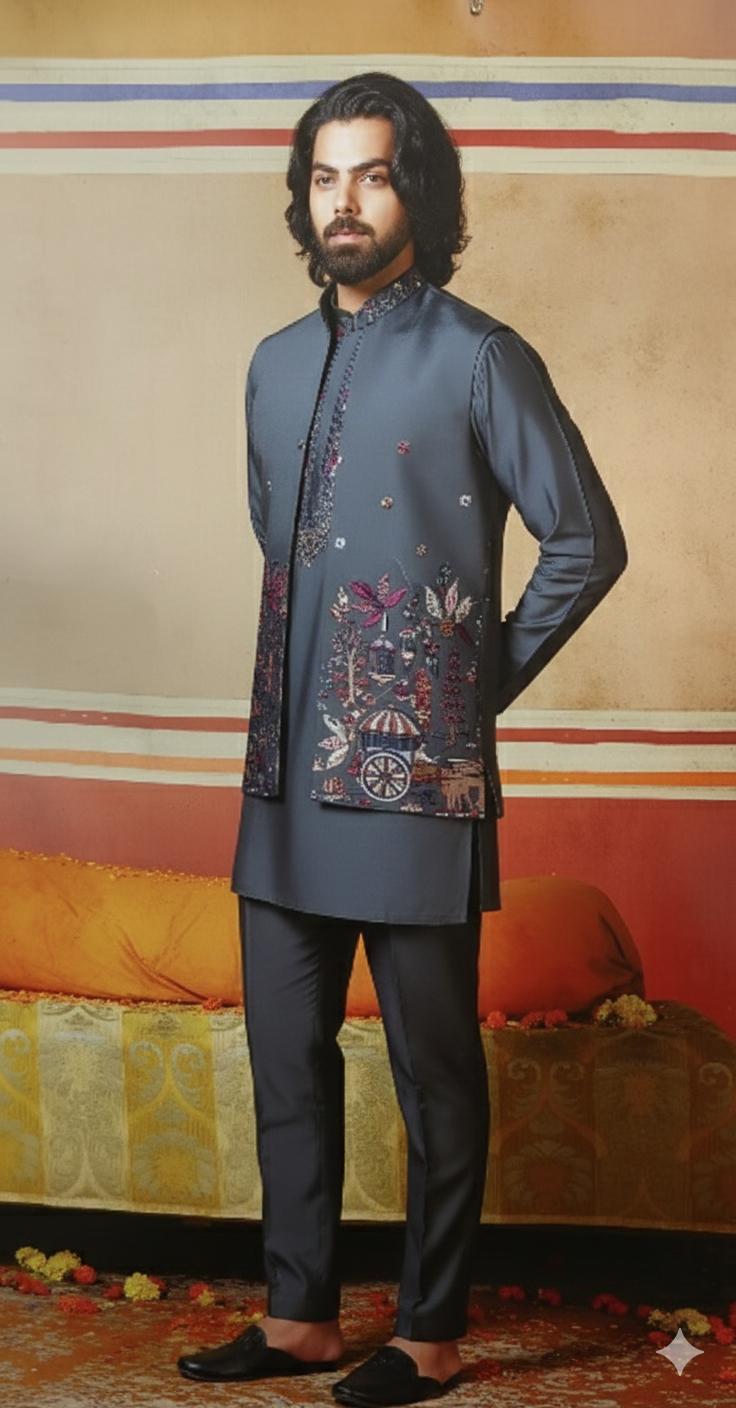 Slate Grey Embroidered Kurta with Nehru Jacket Set