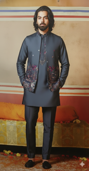 Slate Grey Embroidered Kurta with Nehru Jacket Set
