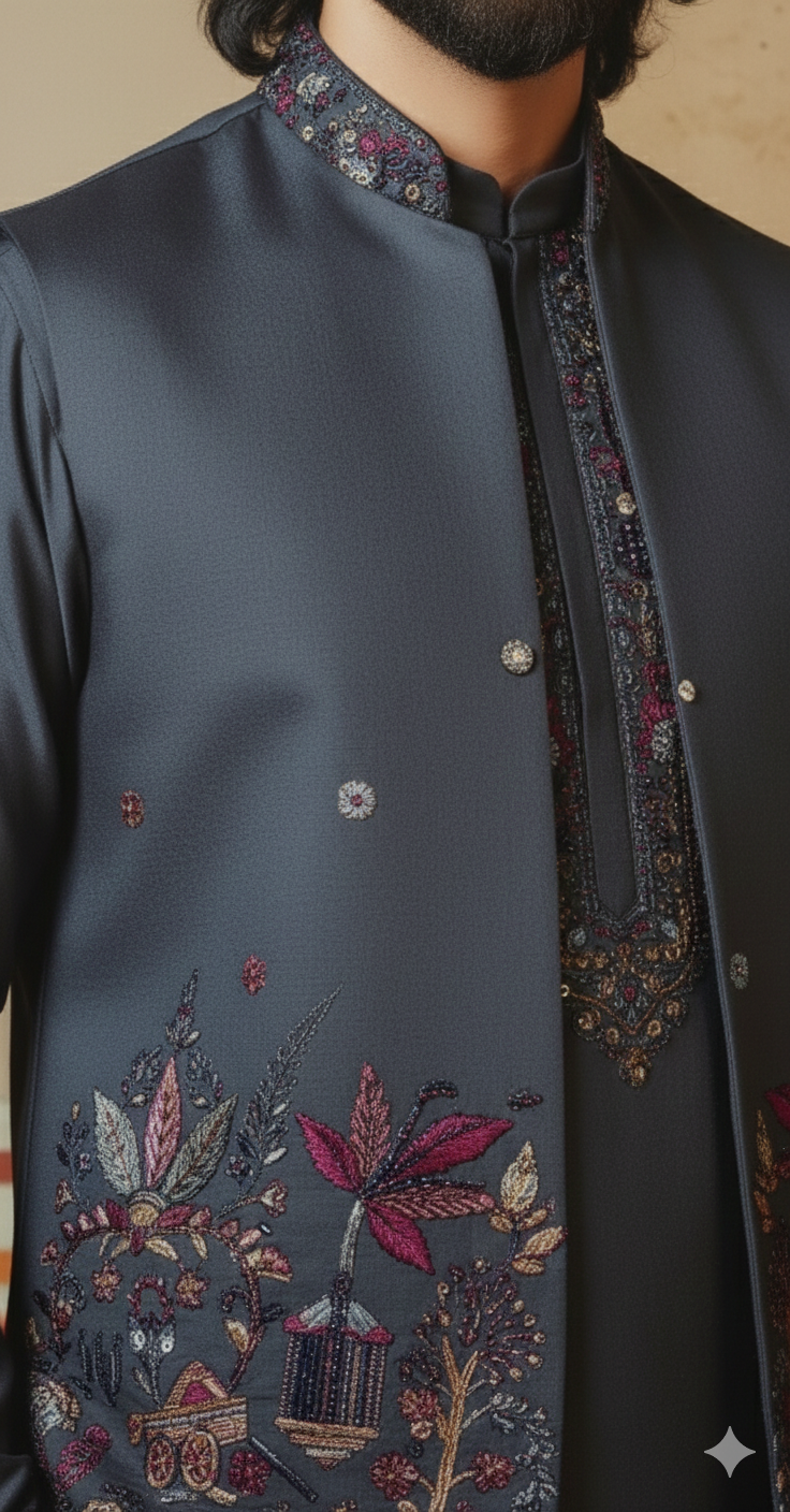Slate Grey Embroidered Kurta with Nehru Jacket Set