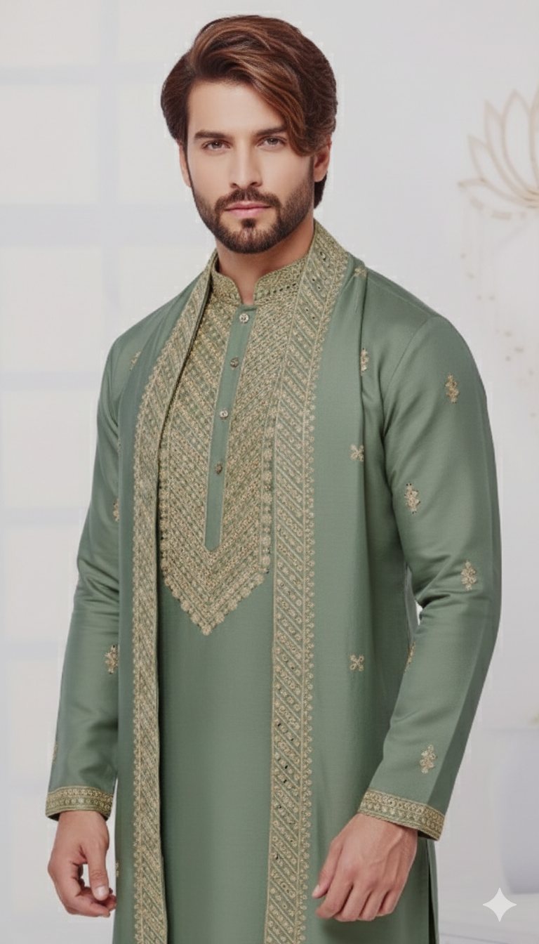 OLIVE GREEN KURTA PAJAMA WITH DUPATTA