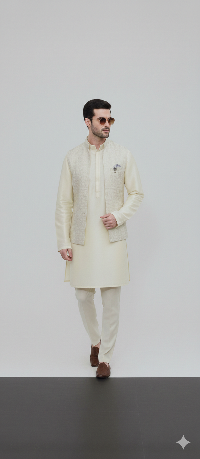 Cream Jacquard Nehru Jacket & Kurta Set