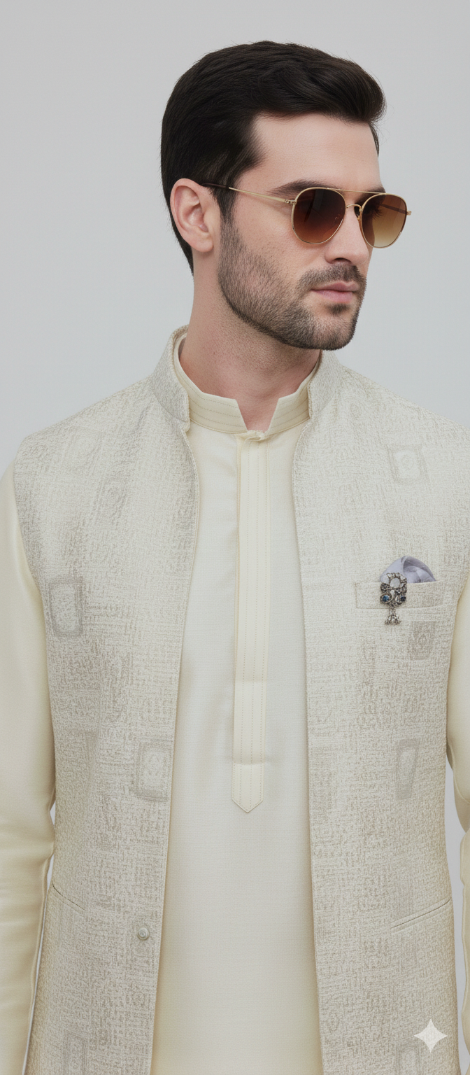 Cream Jacquard Nehru Jacket & Kurta Set
