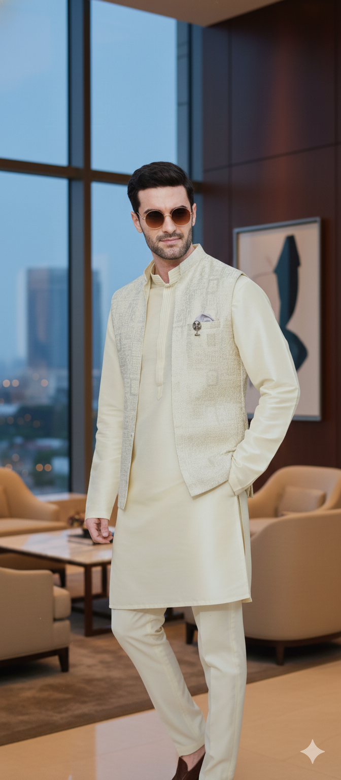 Cream Jacquard Nehru Jacket & Kurta Set