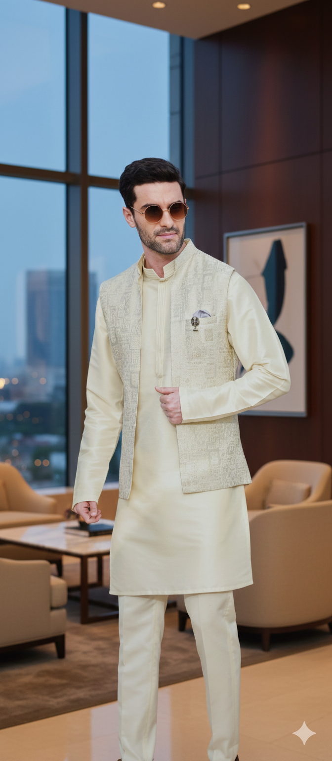 Cream Jacquard Nehru Jacket & Kurta Set