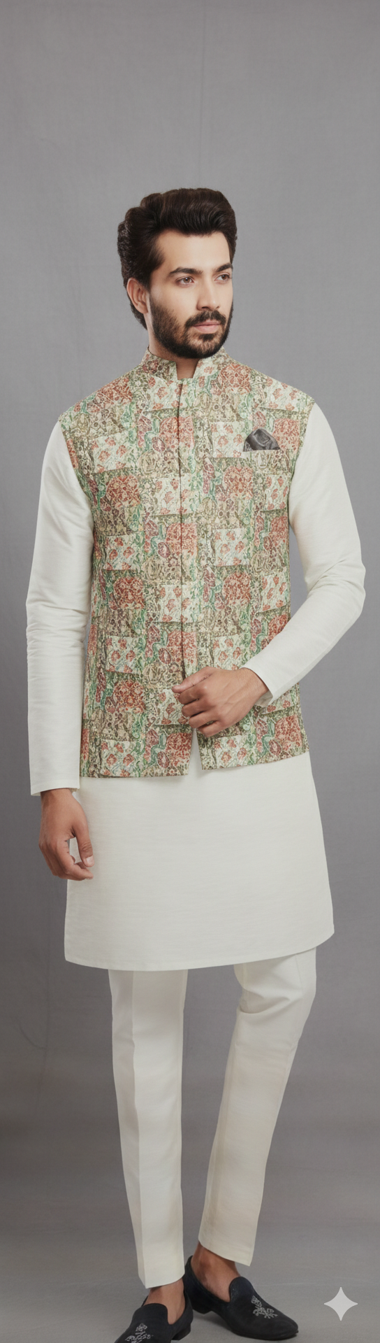 Floral Thred Work Nehru Jacket Set with Kurta and Pants