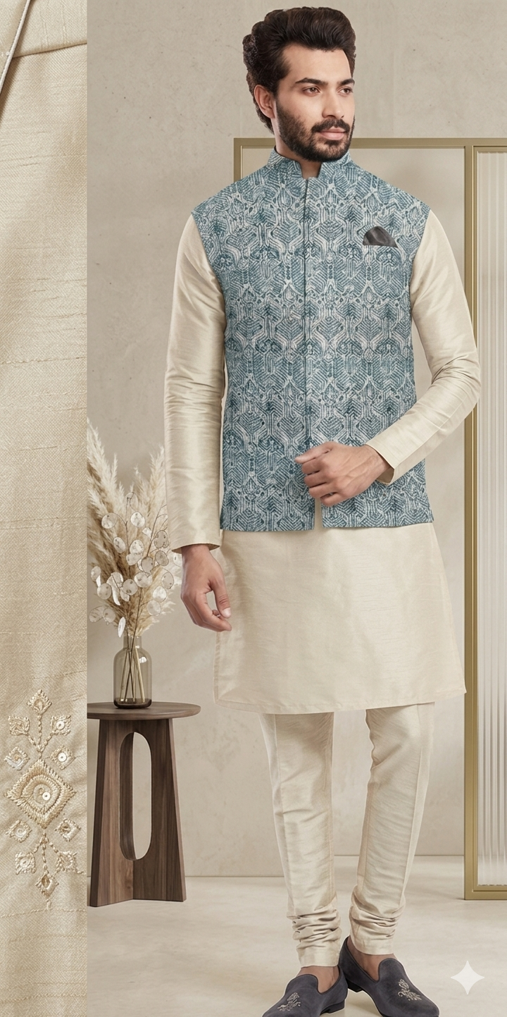 Steel Blue Nehru Jacket with Kurta Set