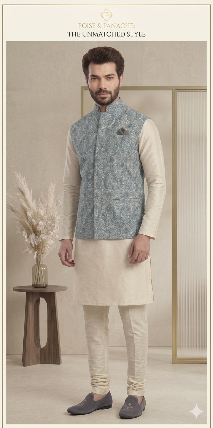 Steel Blue Nehru Jacket with Kurta Set