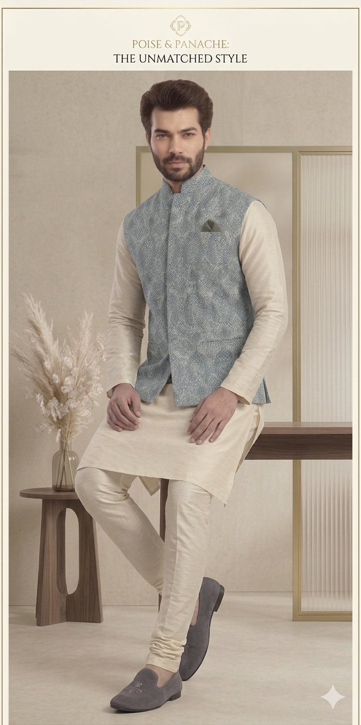 Steel Blue Nehru Jacket with Kurta Set