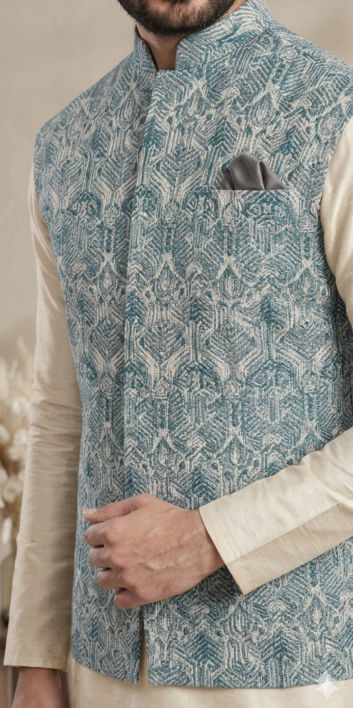 Steel Blue Nehru Jacket with Kurta Set