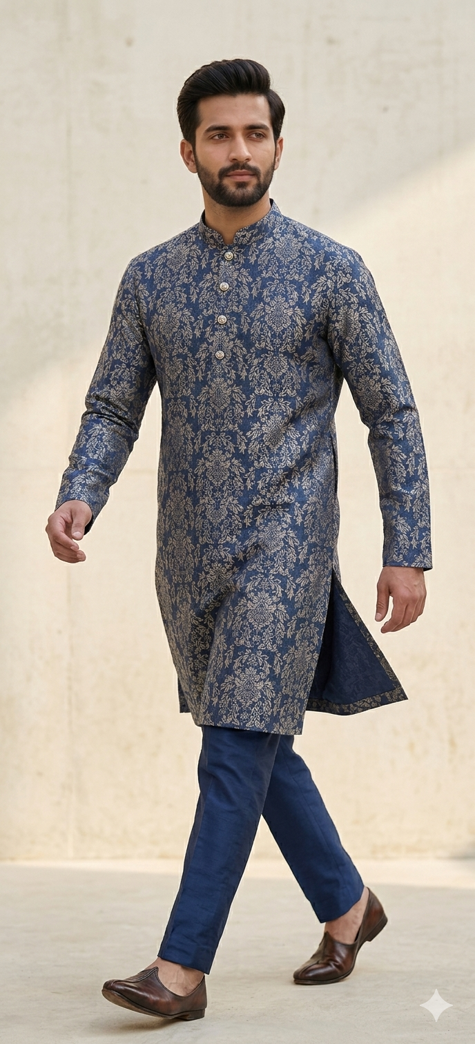 BLUE SELF WORK WITH PRINT KURTA