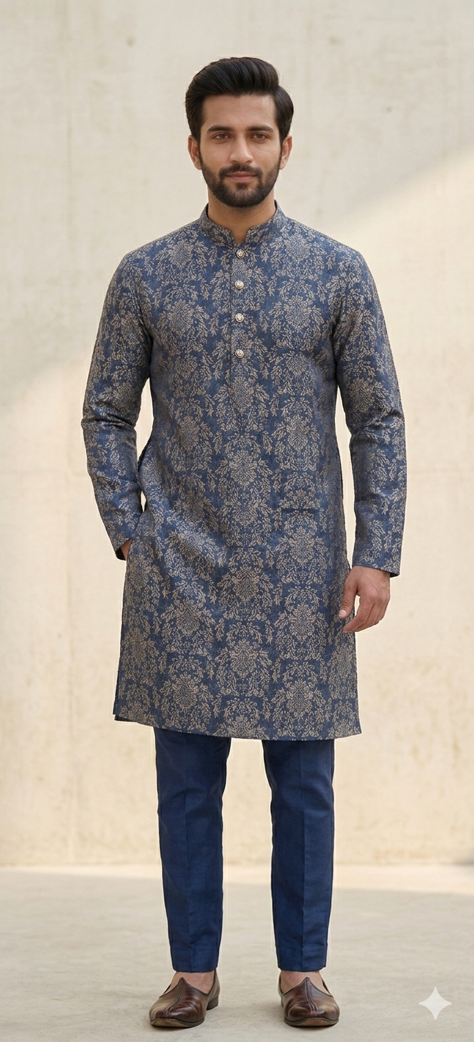 BLUE SELF WORK WITH PRINT KURTA