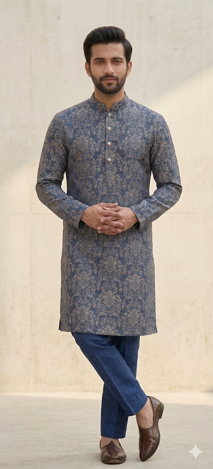BLUE SELF WORK WITH PRINT KURTA
