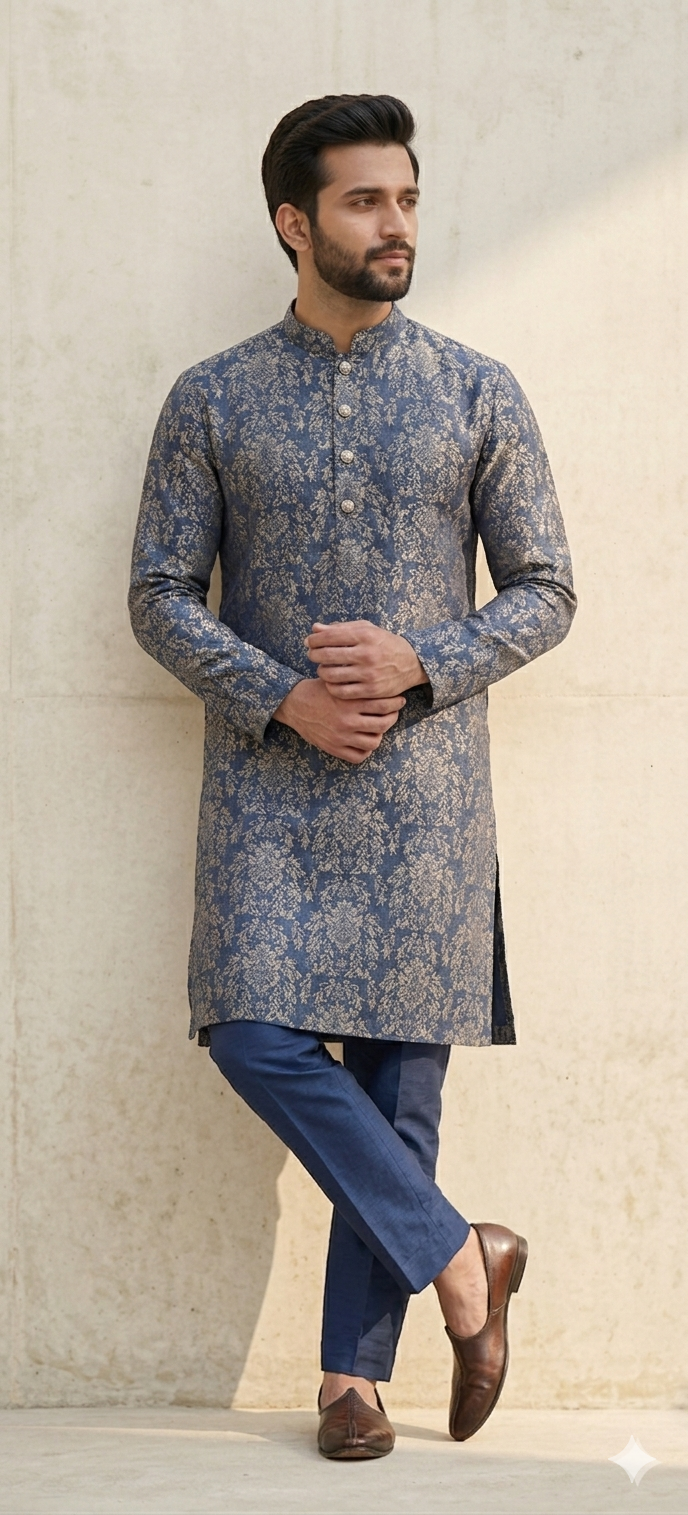 BLUE SELF WORK WITH PRINT KURTA